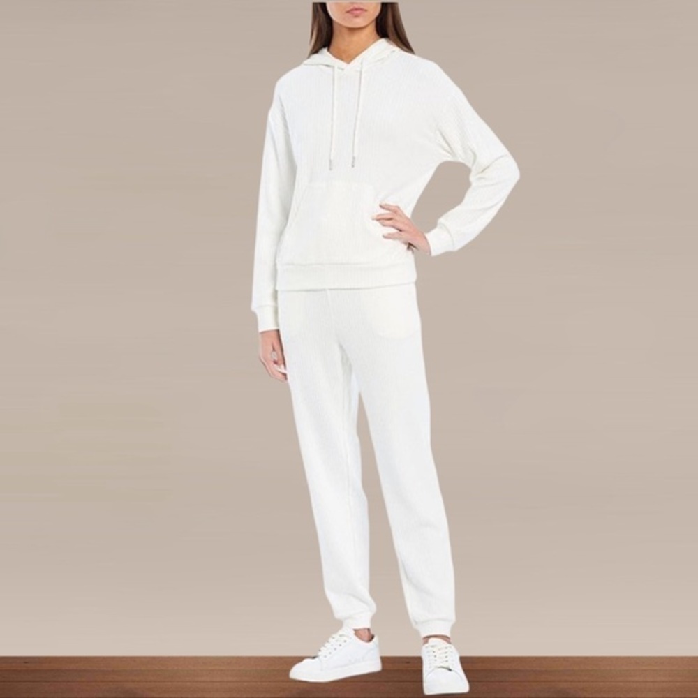 COPPER Key Ribbed Drawstring Jogger Pants with Pockets in Off White. - Picture 3 of 12